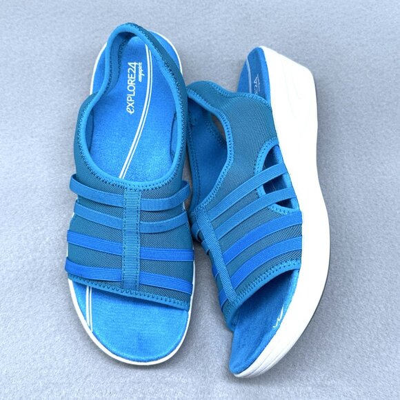 Womens Easy Spirit Sandals Blue Stretchy Sling Back Wedge Misty Day Sz 8.5 Wide - Picture 3 of 9